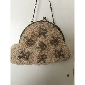 Rare vintage beaded 50’s? Purse bows gold beige evening bag La Vaga made USA